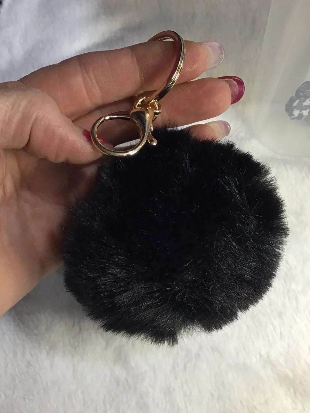 Black Faux Fur Pom Keychain with Gold Hardware